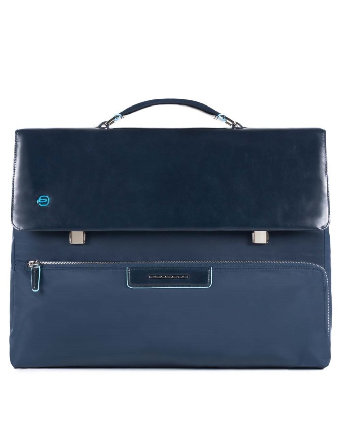 PIQUADRO - Cartella con patta in pelle e tessuto - Blu -