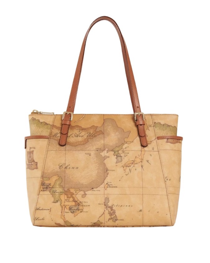 Alviero Martini Prima Classe -  Shopping bag con fibbie in pelle naturale e tessuto goffrato Geo Classic