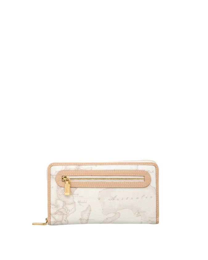 Alviero Martini Prima Classe - Portafogli Donna in pelle naturale e tessuto goffrato a soffietto con tasca esterna Geo White