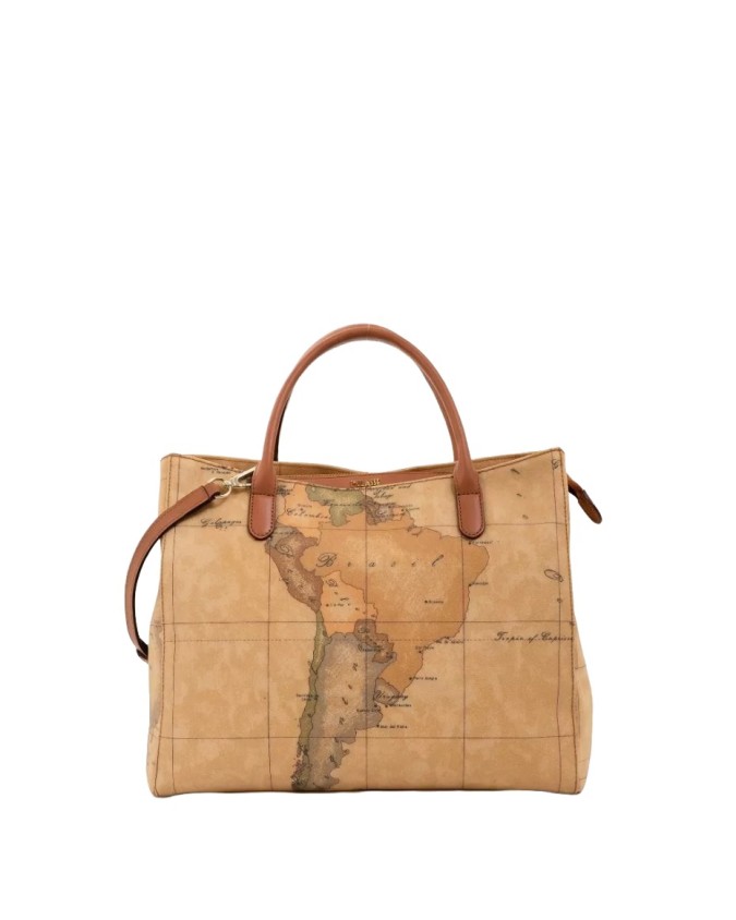 Alviero Martini Prima Classe - Borsa a tre tasche in pelle naturale e tessuto goffratoGeo Classic