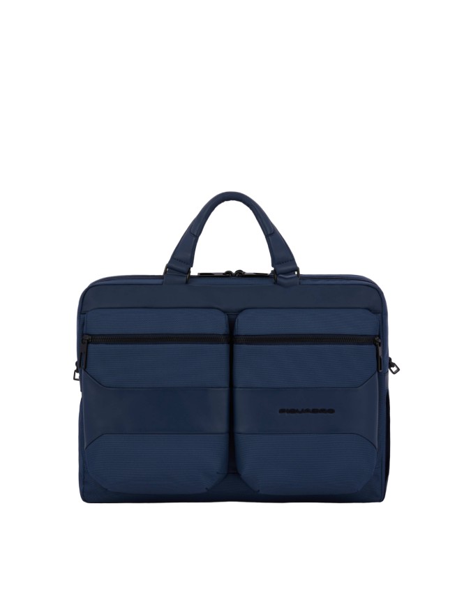 Piquadro - Cartella  a due manici in pelle e tessuto porta pc 15,6''