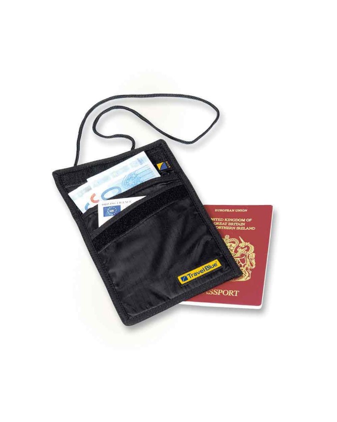 Travel Blue - Portafoglio da collo sottile in poliestere con blocco RFID