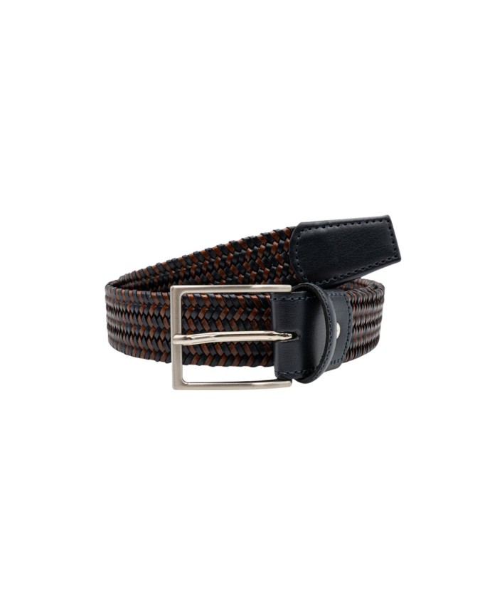 Made In Italy - Cintura uomo in pelle intrecciata bicolore blu/cuoio