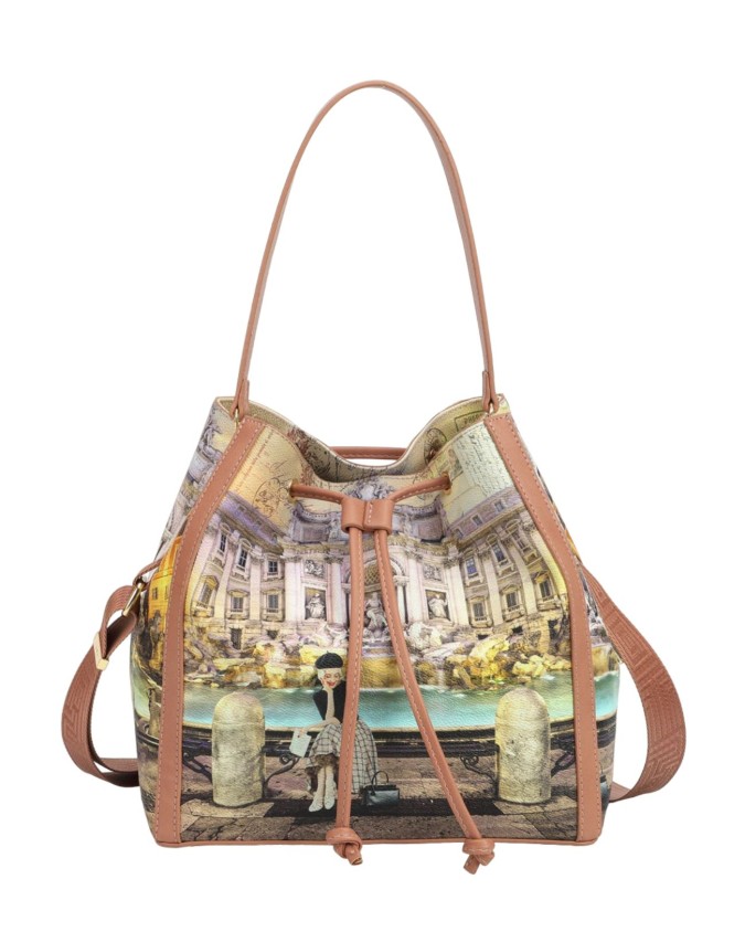 Ynot - Borsa a spalla con tracolla in ecopelle stampata City Life