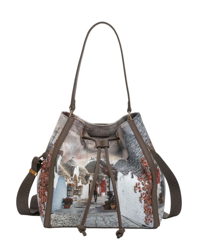 Ynot - Borsa a spalla con tracolla in ecopelle stampata City Life