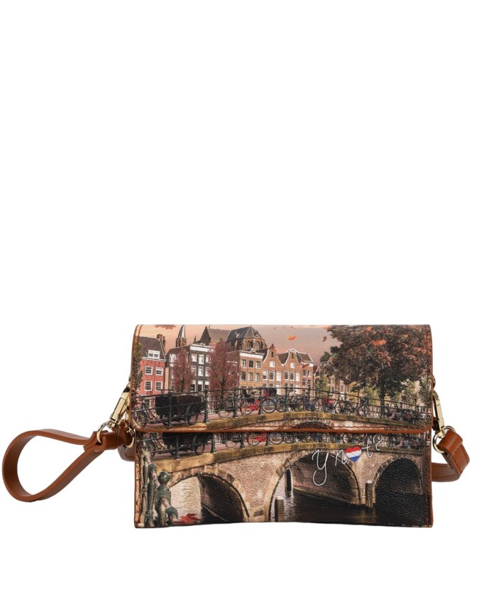 Ynot - Borsa a tracolla a tre scomparti in ecopelle stampata Yesbag